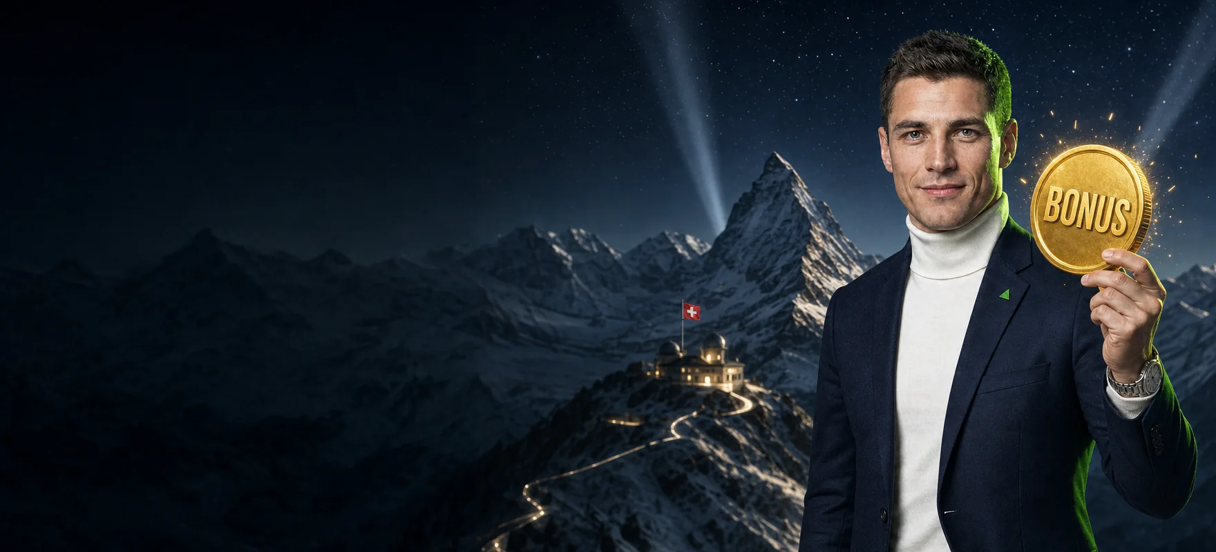 Mann im mitternachtsblauen Blazer hält eine grosse leuchtende Goldmünze mit der Prägung BONUS vor verschneiten Gipfeln