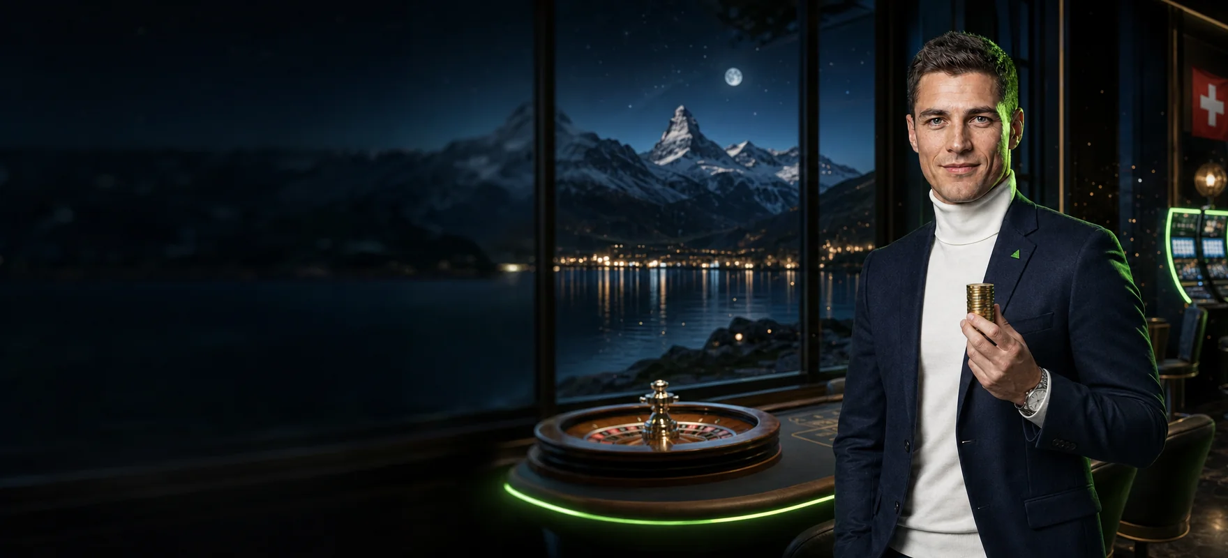 Mann im mitternachtsblauen Blazer hält einen Stapel goldener Chips in einem Casino mit Panoramafenstern auf einen nächtlichen Bergsee