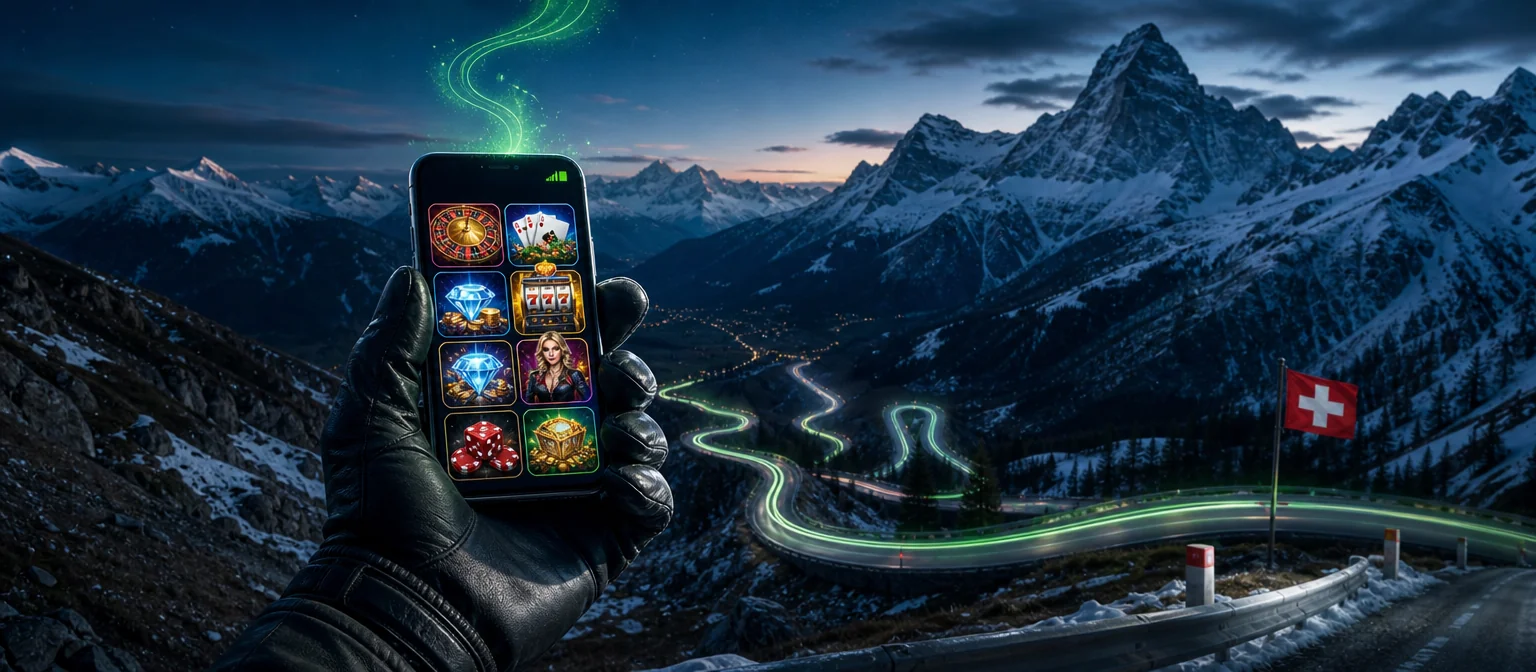 Hand mit Handy mit vollem Empfang und Spielelobby auf einer Passstrasse mit Serpentinen in der Abenddämmerung