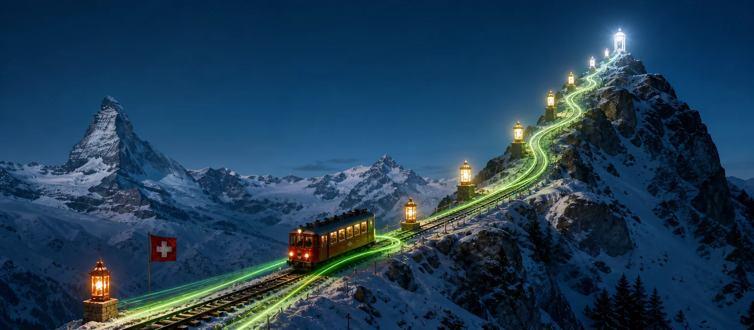 Rote Zahnradbahn klettert bei Dämmerung einen Berghang hinauf, acht Stationslaternen leuchten von Kupfer unten bis Platinweiss oben