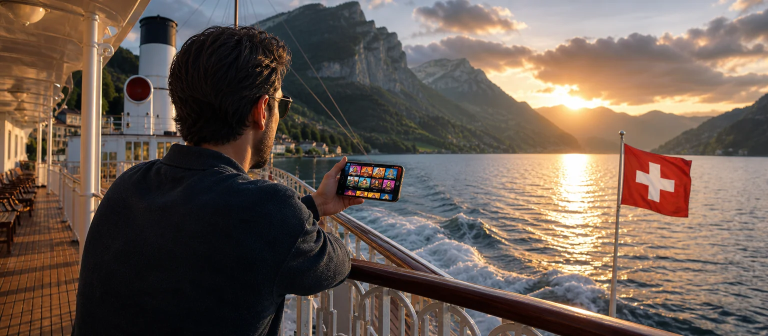 Passagier auf dem Deck eines Raddampfers auf dem Vierwaldstättersee spielt am Handy, dahinter Berge in der Abendsonne