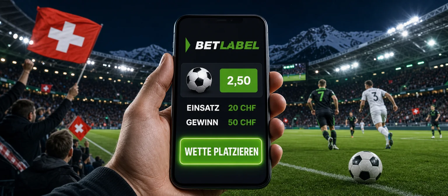 Hand mit Handy und BetLabel-Wettschein: Quote 2,50, Einsatz 20 CHF, Gewinn 50 CHF und die Taste WETTE PLATZIEREN, dahinter ein Fussballspiel bei Flutlicht