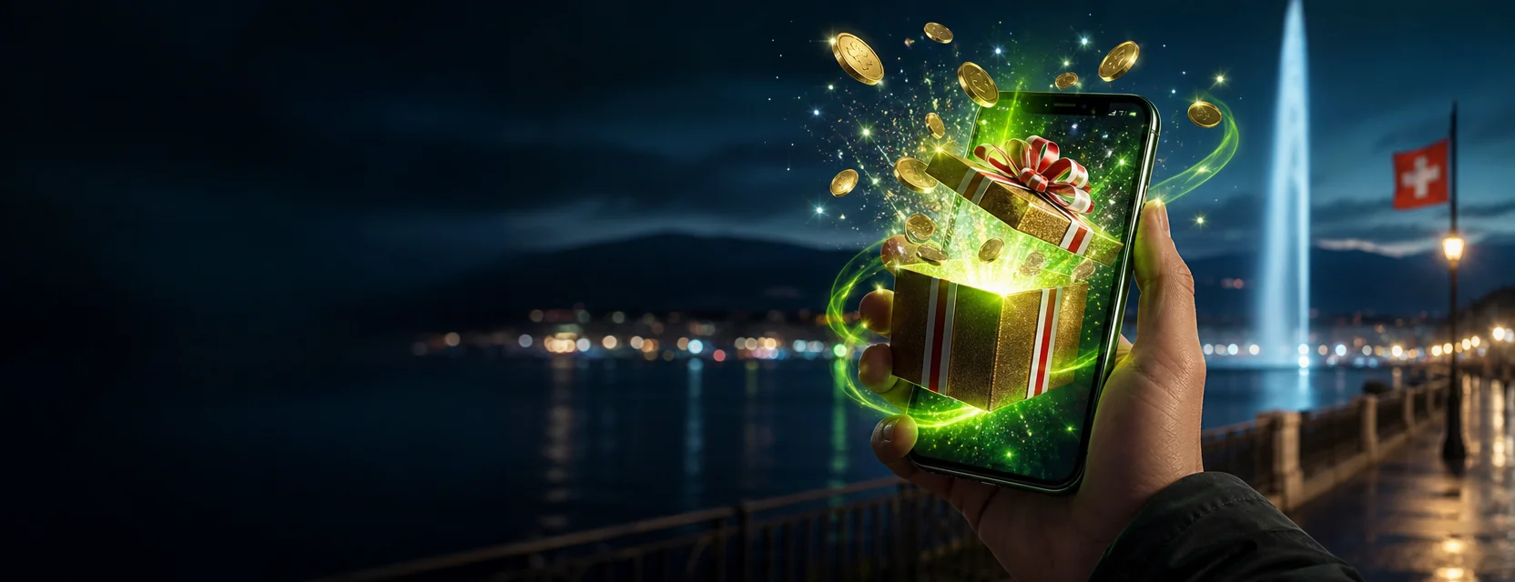 Hand mit Handy an der Genfer Seepromenade bei Nacht, aus dem Bildschirm springt eine goldene Geschenkbox mit rot-weissem Band