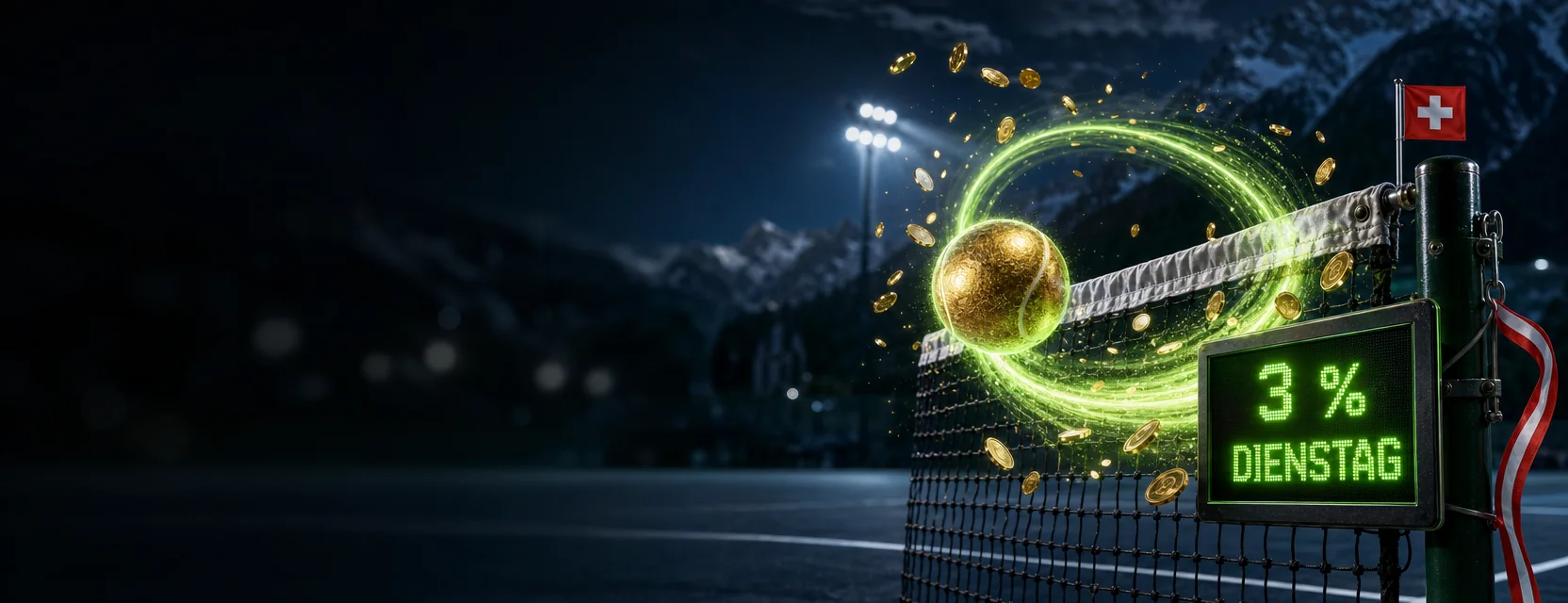 Goldener Tennisball prallt in einer grünen Lichtschleife vom Netz zurück, daneben eine Anzeige mit 3 % und DIENSTAG