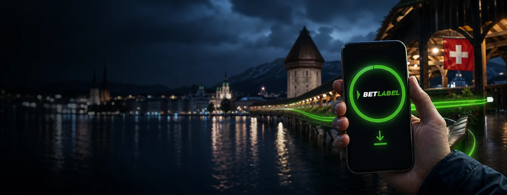 Hand mit Handy auf der Kapellbrücke in Luzern bei Dämmerung, auf dem Bildschirm das BetLabel-Logo im grünen Installationsring